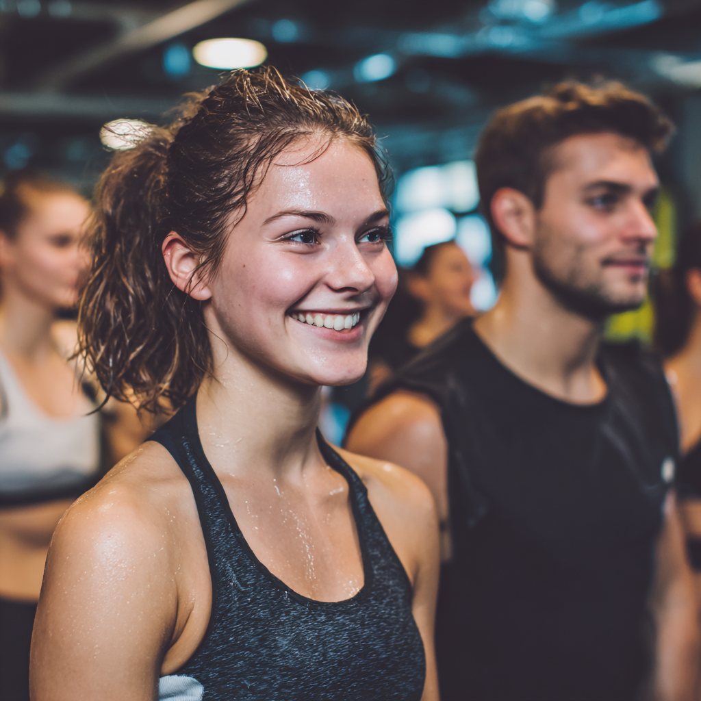 Tapasztalt magyar edzők és ügyfelek közösen mosolyognak az edzés után, pozitív hangulatban